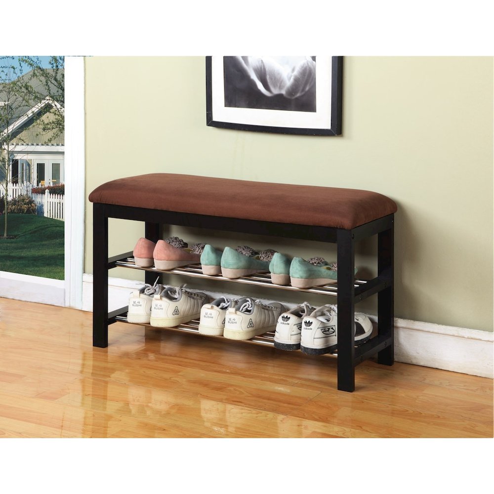 Choa Metal Shoe Bench with Faux Leather Seat, Dark Espresso and Chocolate. Picture 5