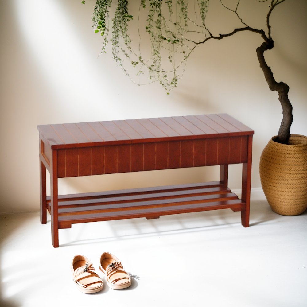 Leno Quality Solid Wood Shoe Bench with Storage, Cherry. Picture 2