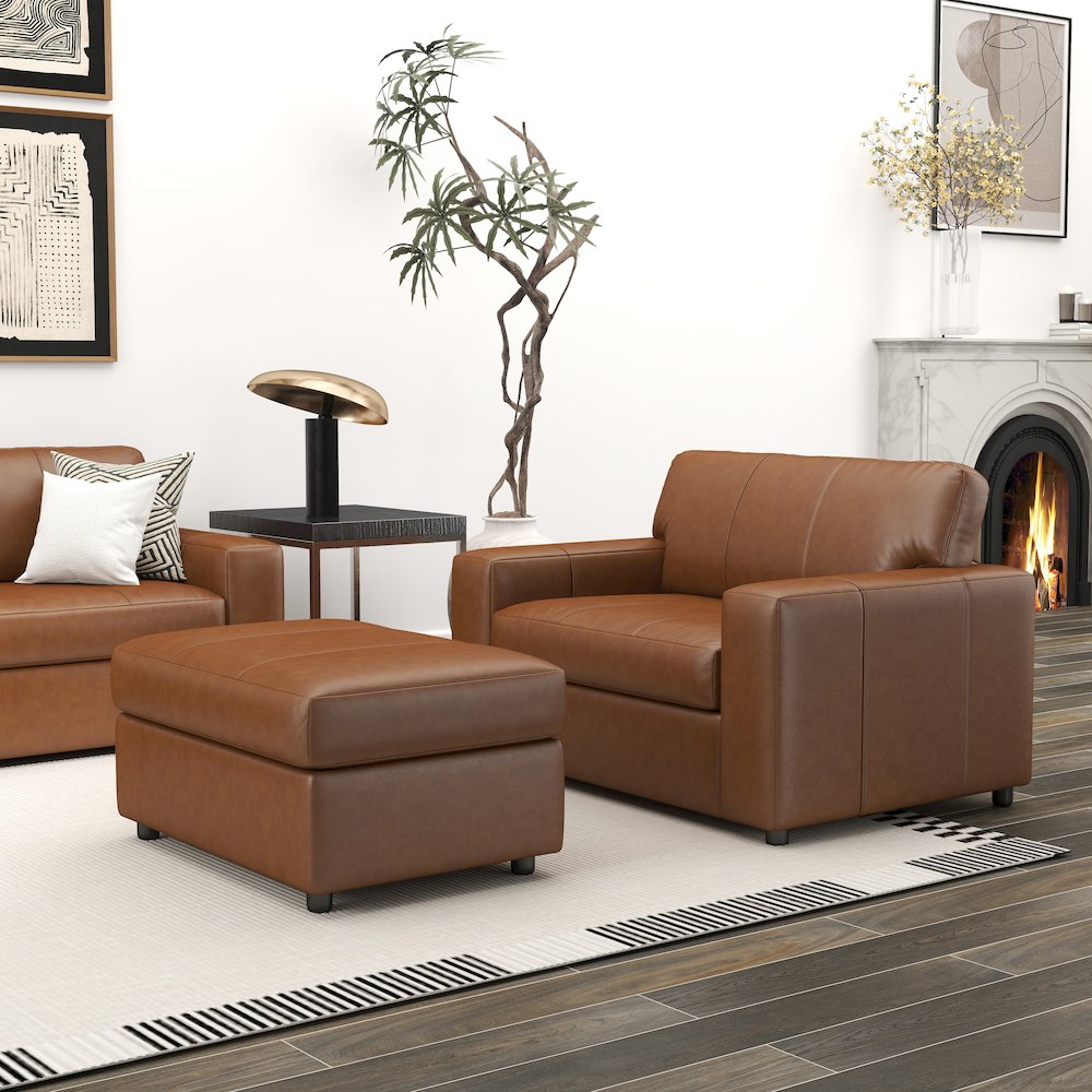 Sakan Leather 4-Pc Living Room Set, Sofa Loveseat, Chair and Ottoman, Caramel. Picture 7