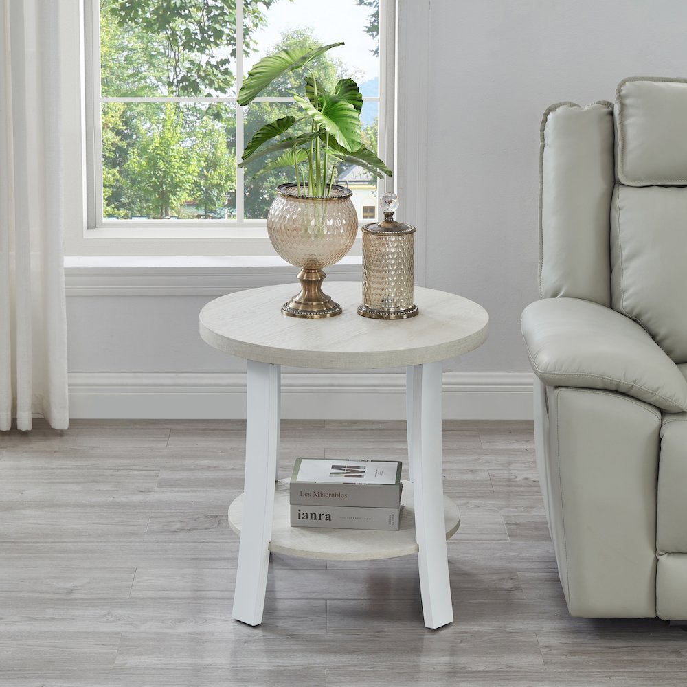 Anze Contemporary Round Wood Shelf End Table in White Finish. Picture 2