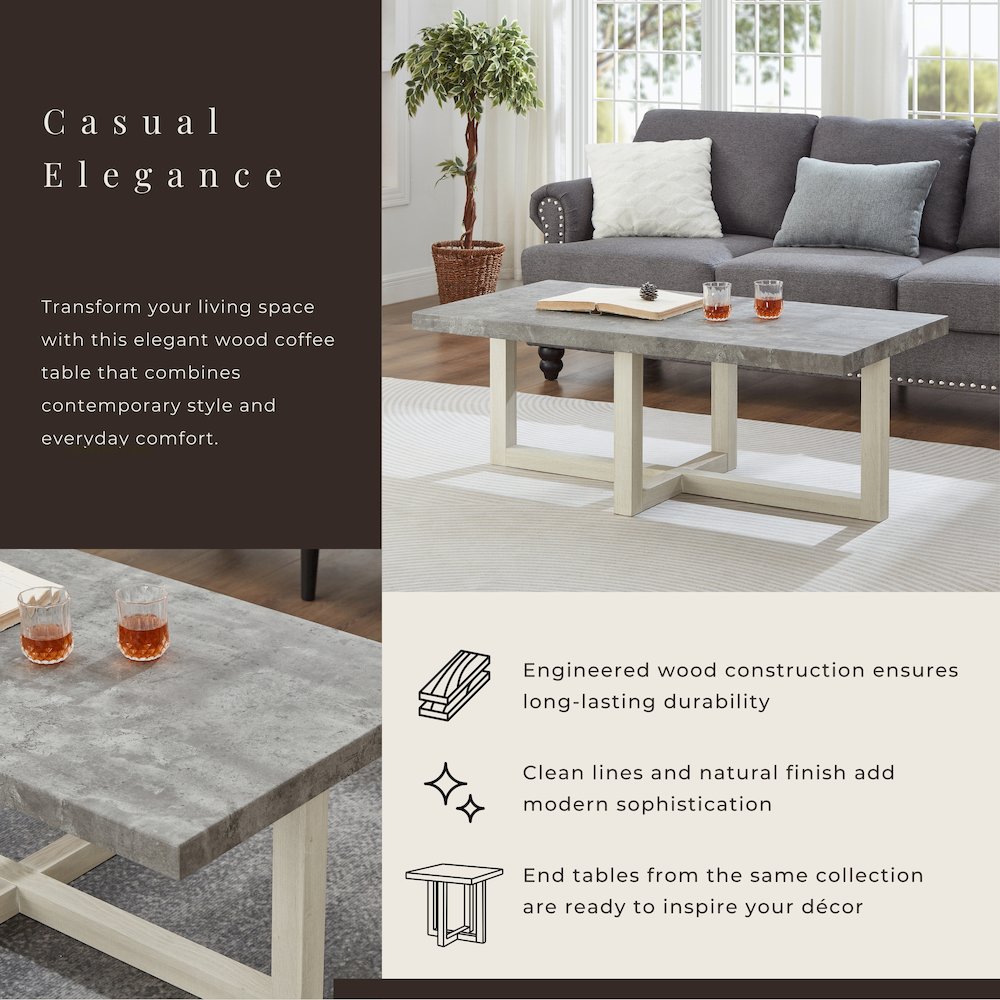 Luno Contemporary Coffee Table, Faux Concrete and White. Picture 7