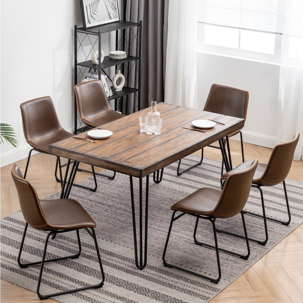 Aryven 7-Pc Dining Set with Rustic Dark Pine Table and 6 Chairs in Antique Brown. Picture 4