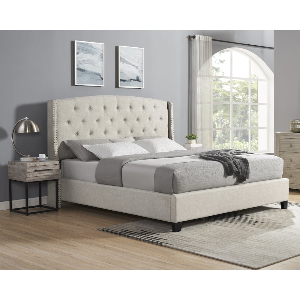 3-Piece Upholstered Bedroom Set, Tufted Wingback Bed, 2Gray Nightstands, King. Picture 3