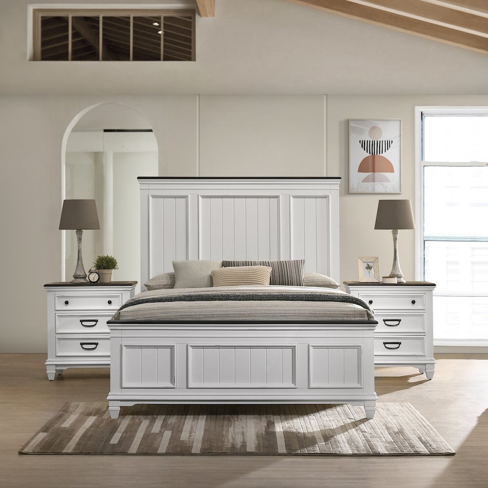 Clelane 3-Piece Wood Bedroom Set, Queen Bed and 2 Nightstands, Weathered White. Picture 2