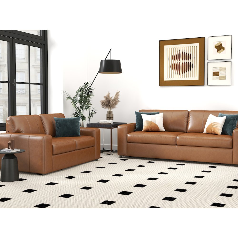 Sakan Leather 2-Pc Living Room Set, Sofa and Loveseat, Caramel. Picture 5