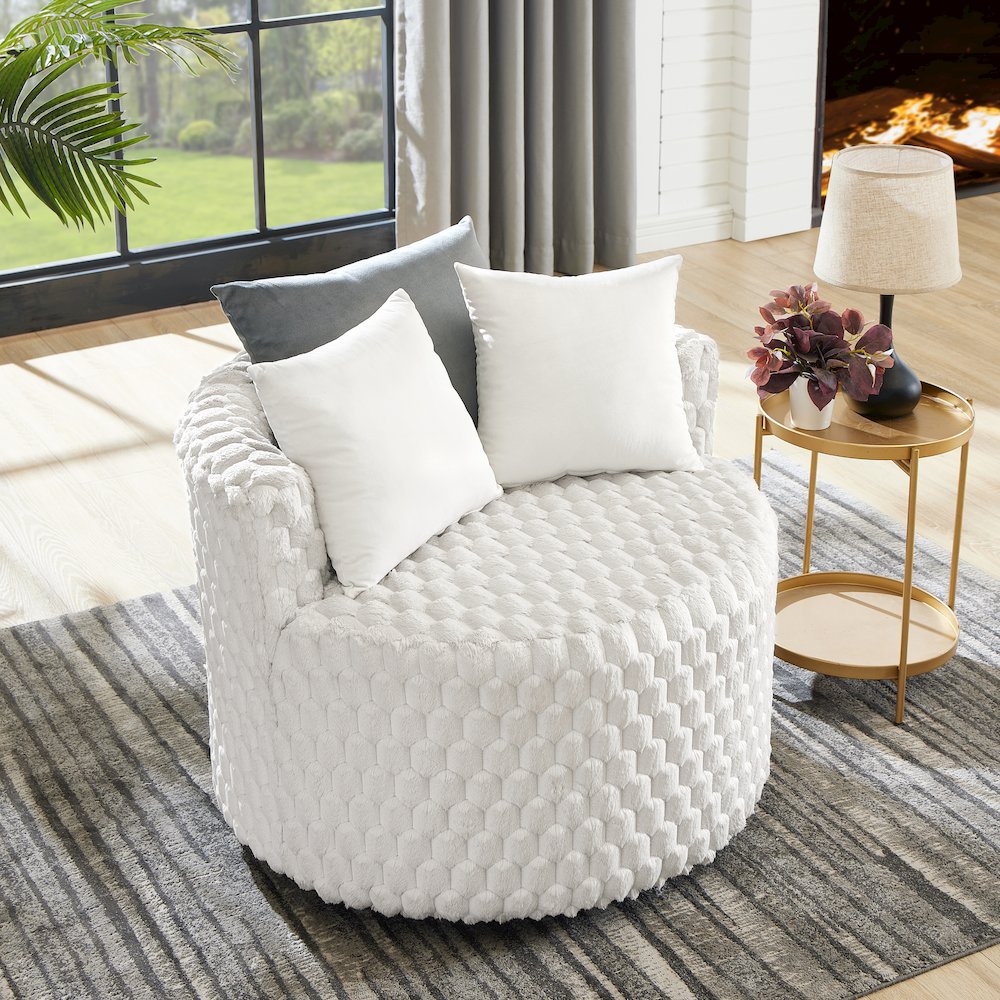 Malna Plush 3D Upholstered Barrel Accent Chair with Wheels, Off-white. Picture 3