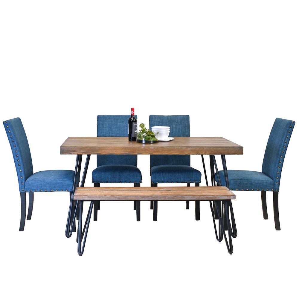 Amisos 6-Pc Dining Set, Hairpin Dining Table with 4 Chairs and Wood Bench, Blue. Picture 1