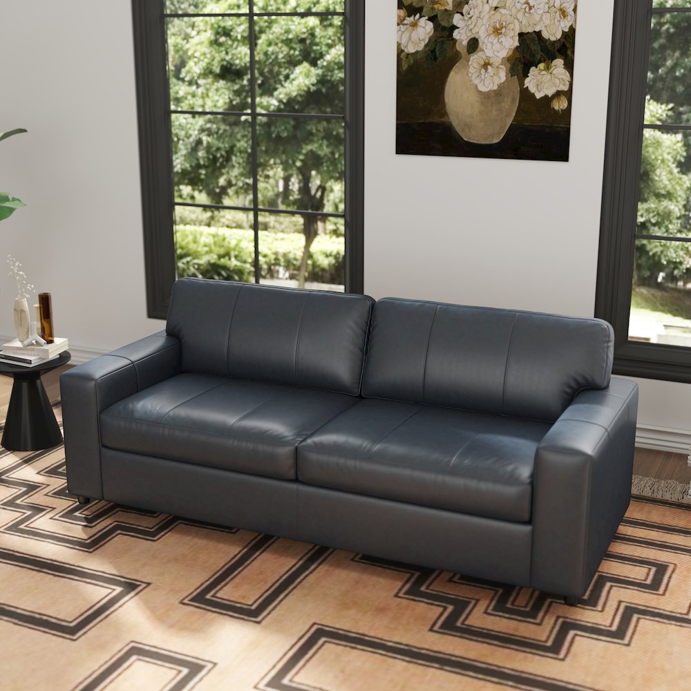 Sakan Leather Upholstered Sofa, Blue. Picture 4