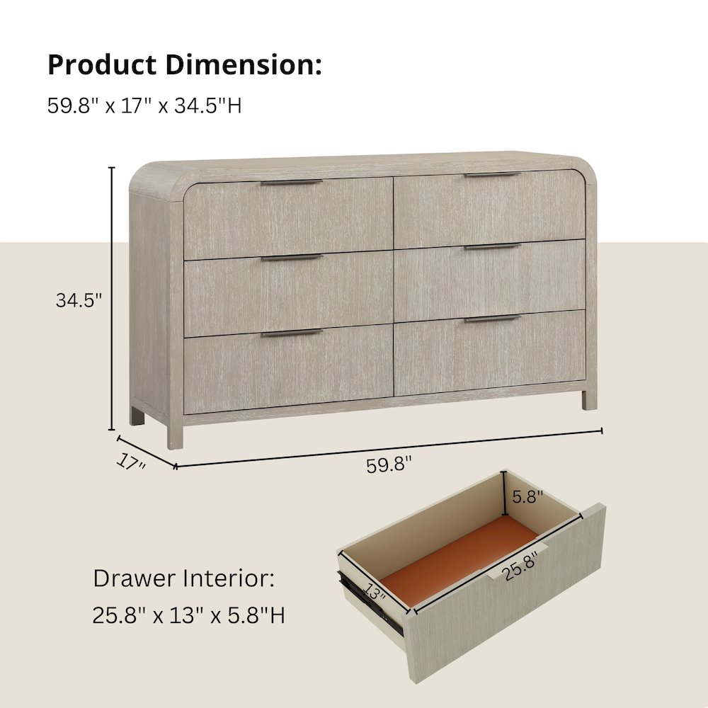 Tavari Contemporary 6-Drawer Wood Dresser, Light Gray. Picture 14