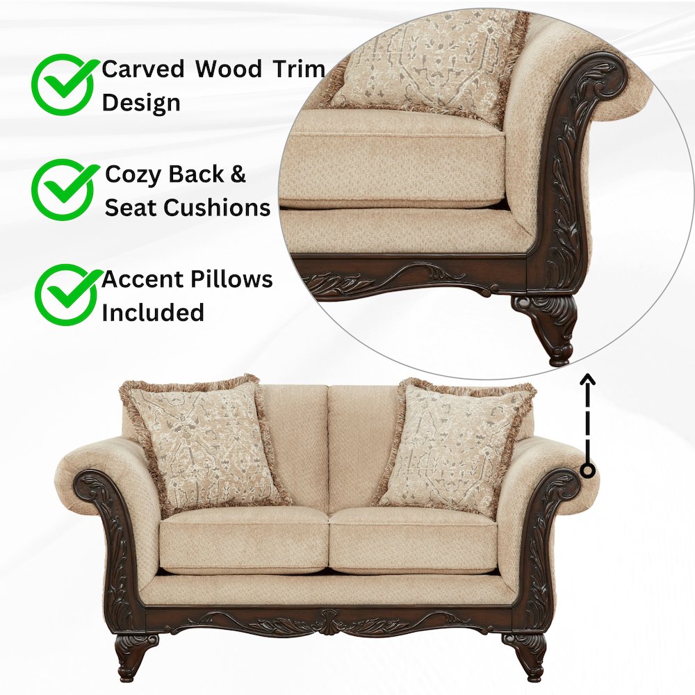 Hernen Carved Wood Frame Loveseat, Emma Wheat. Picture 4