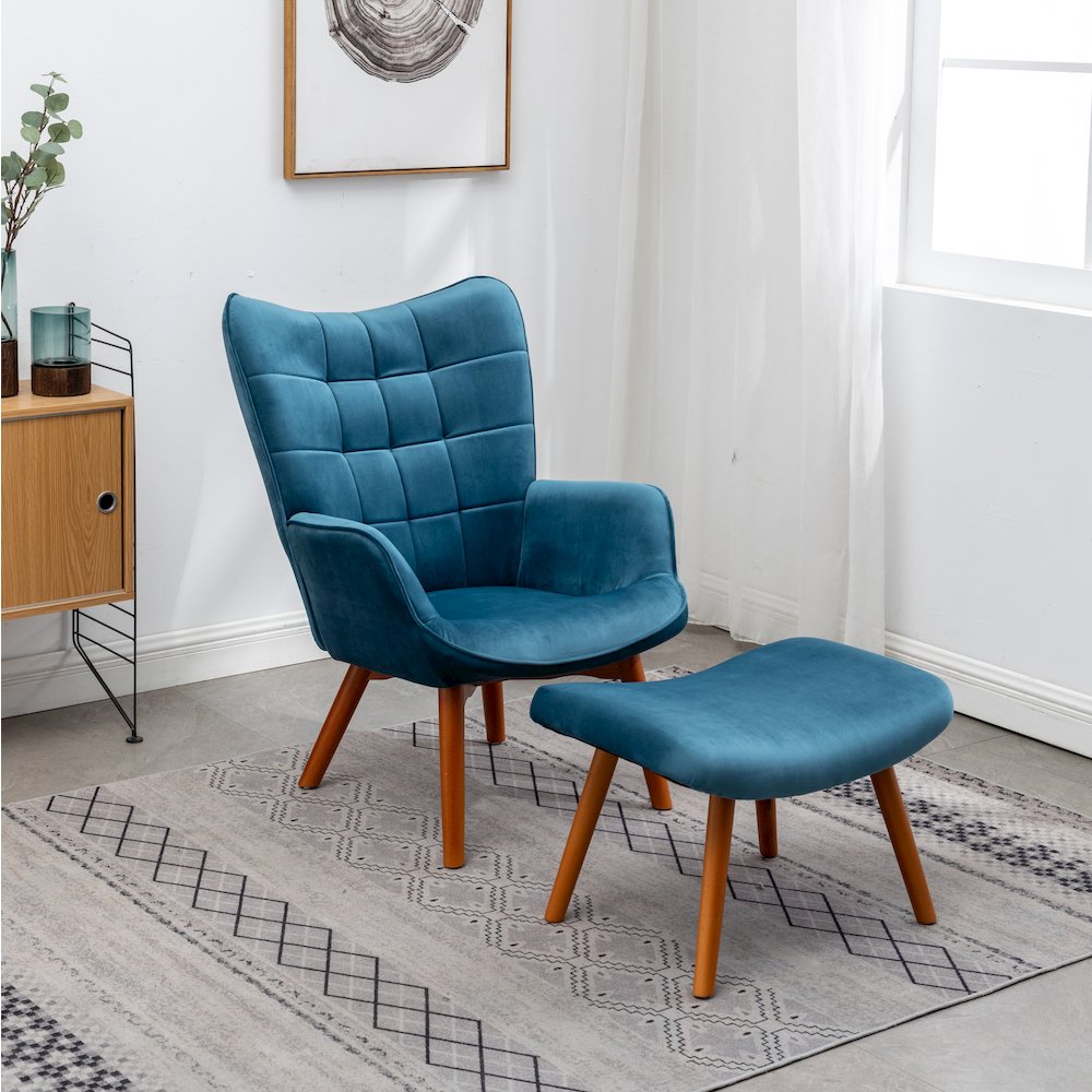 Leiria Contemporary Silky Velvet Tufted Accent Chair with Ottoman, Blue. Picture 1