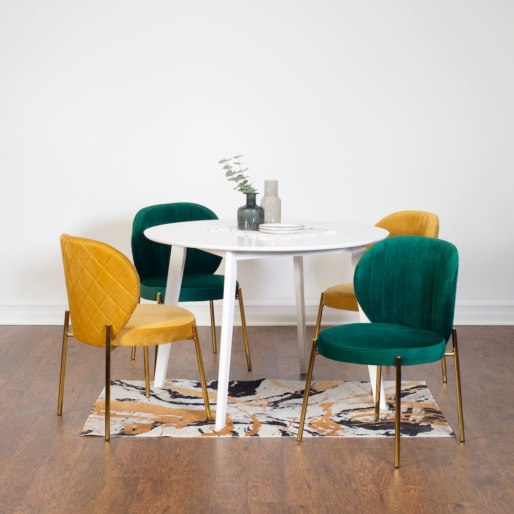Amoa 5-Pc Dining Set, White Round Dining Table with 4 Chairs, Green and Yellow. Picture 1