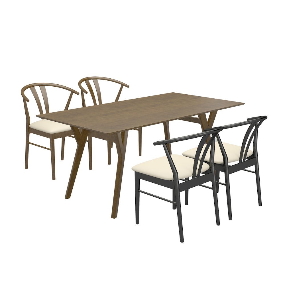 5-Piece Dining Set, Dining Table with 2 Walnut and 2 Black Wishbone Chairs. Picture 1