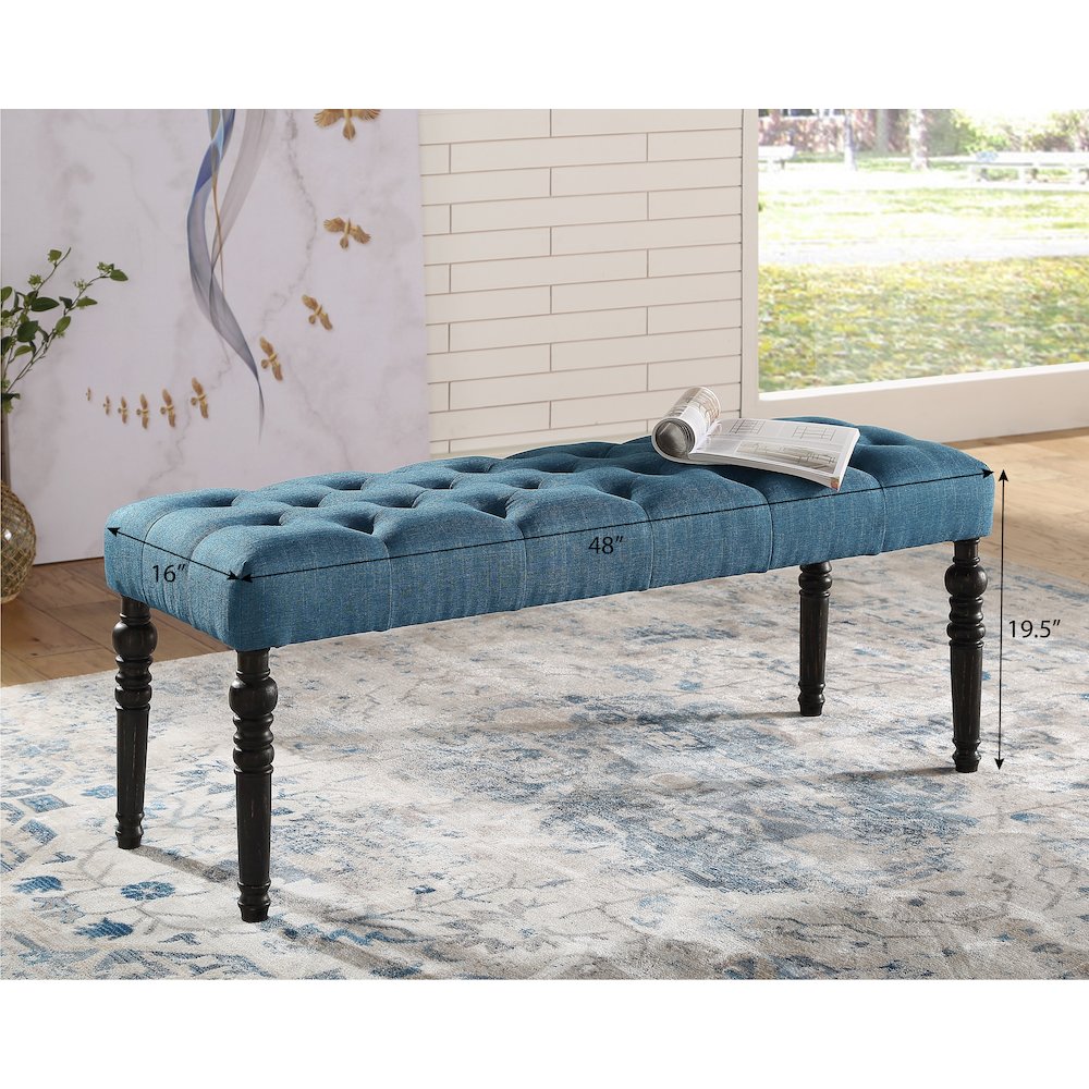 Leviton Fabric Tufted Turned Leg Dining Bench, Blue. Picture 4