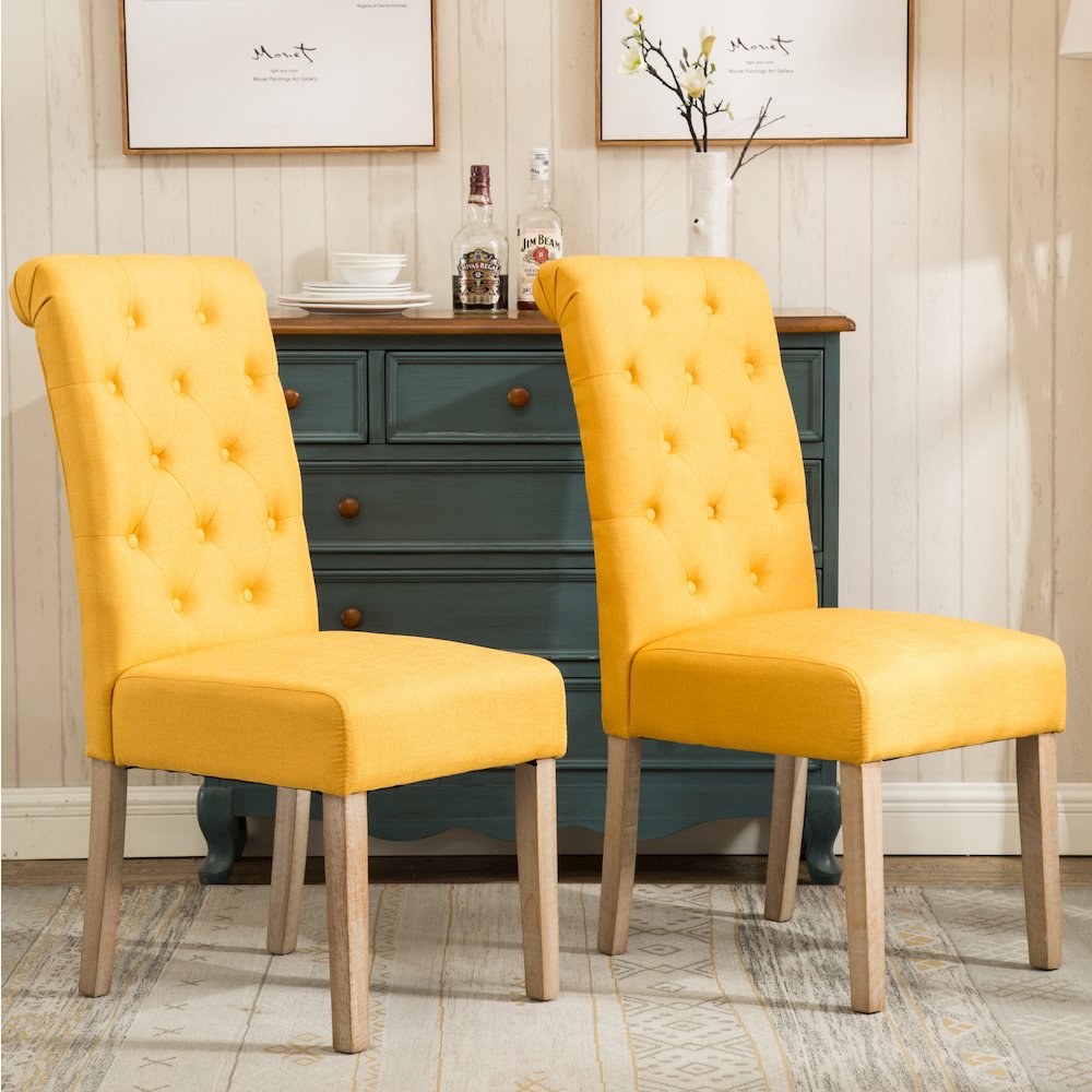 Habit Solid Wood Tufted Parsons Yellow Dining Chair, Set of 2. Picture 4