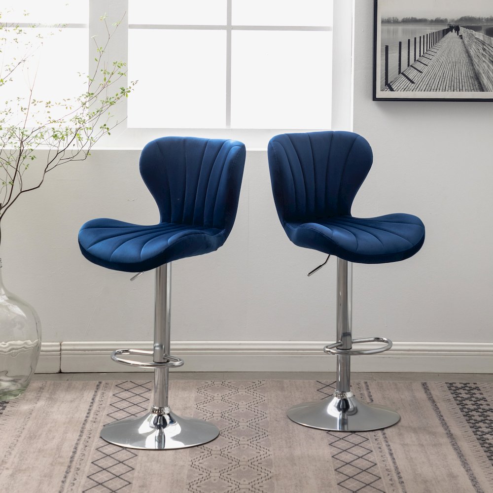 Ellston Upholstered Adjustable Swivel Barstools in Blue, Set of 2. Picture 3