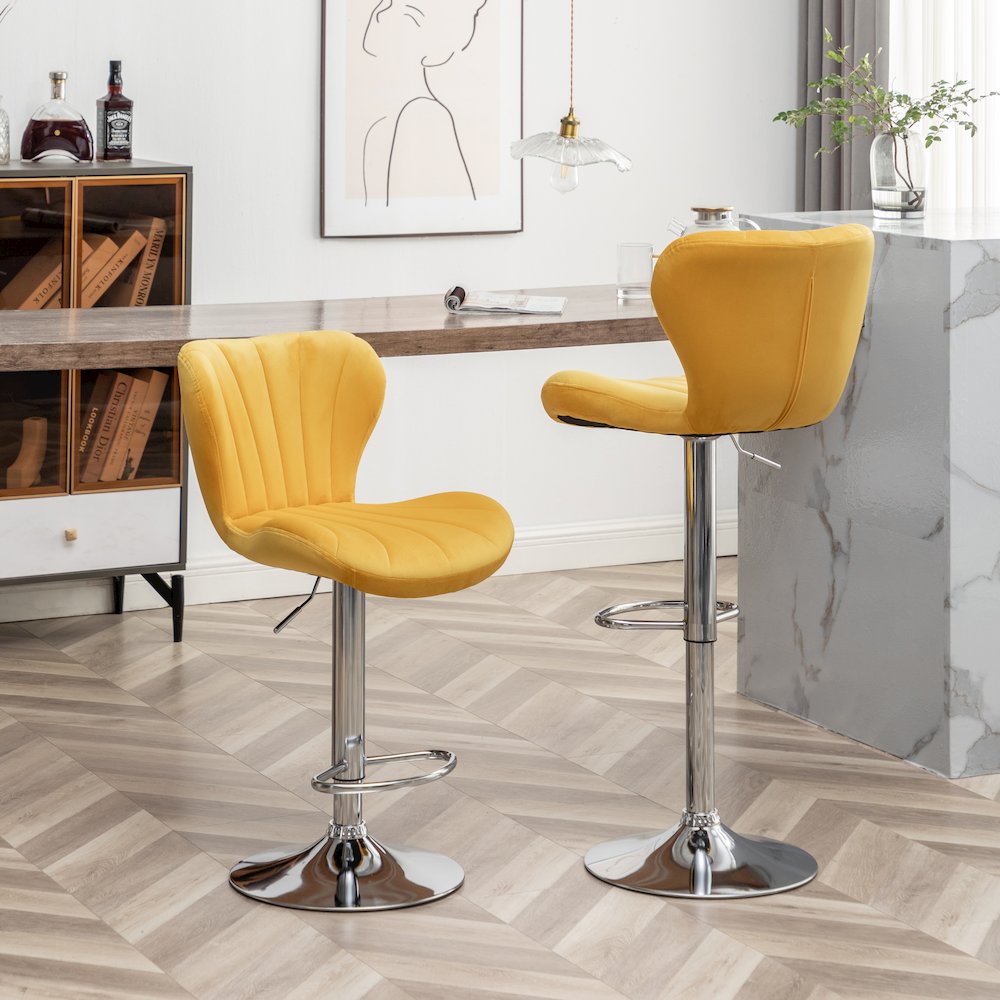 Ellston Upholstered Adjustable Swivel Barstools in Yellow, Set of 2. Picture 3