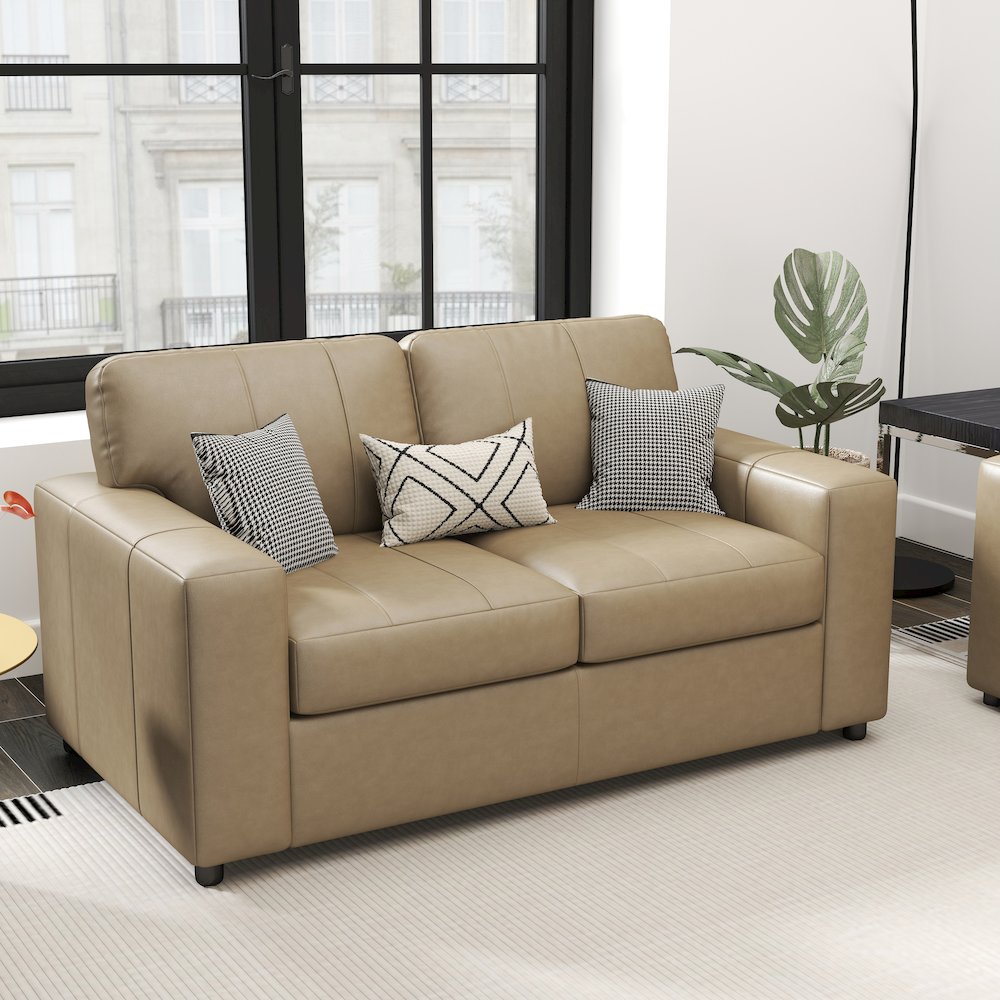 Sakan Leather Upholstered Loveseat, Beige. Picture 4