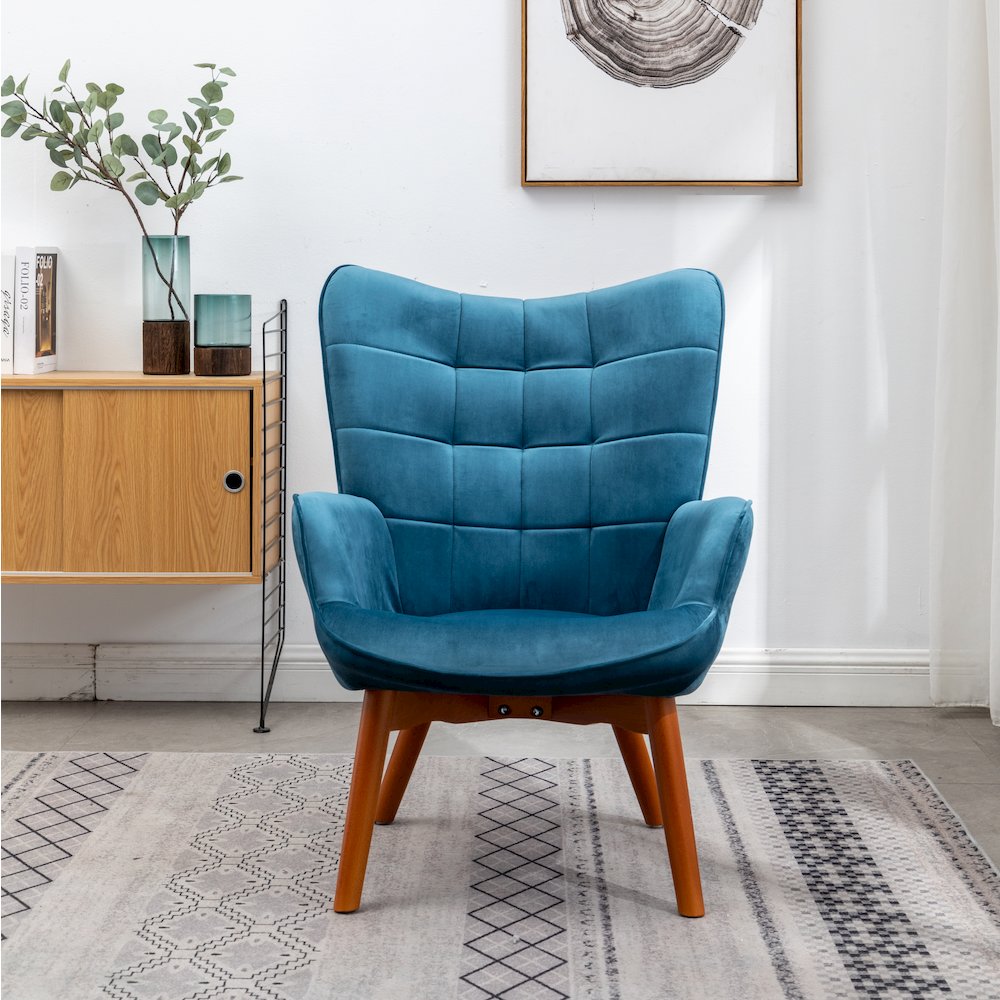 Leiria Contemporary Silky Velvet Tufted Accent Chair with Ottoman, Blue. Picture 9