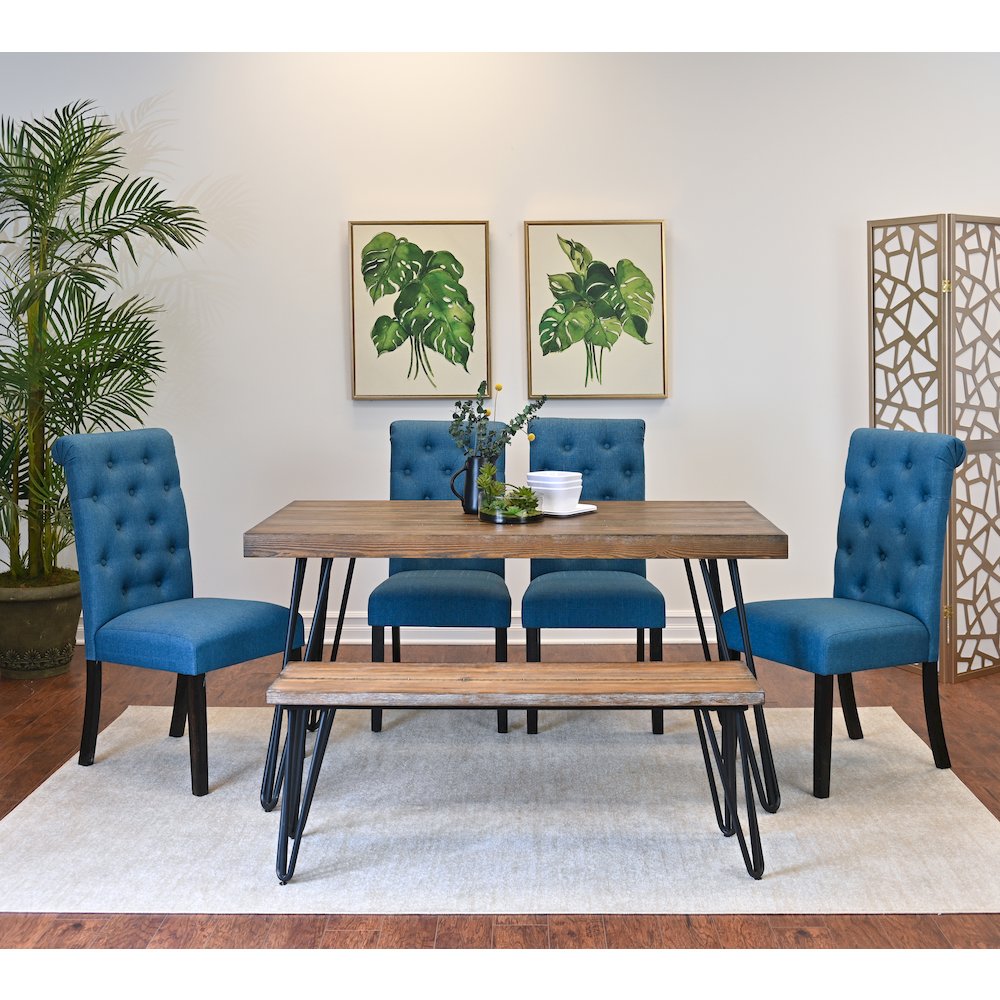 Ashford 6-Pc Dining Set, Hairpin Dining Table with 4 Chairs and Bench, Blue. Picture 2