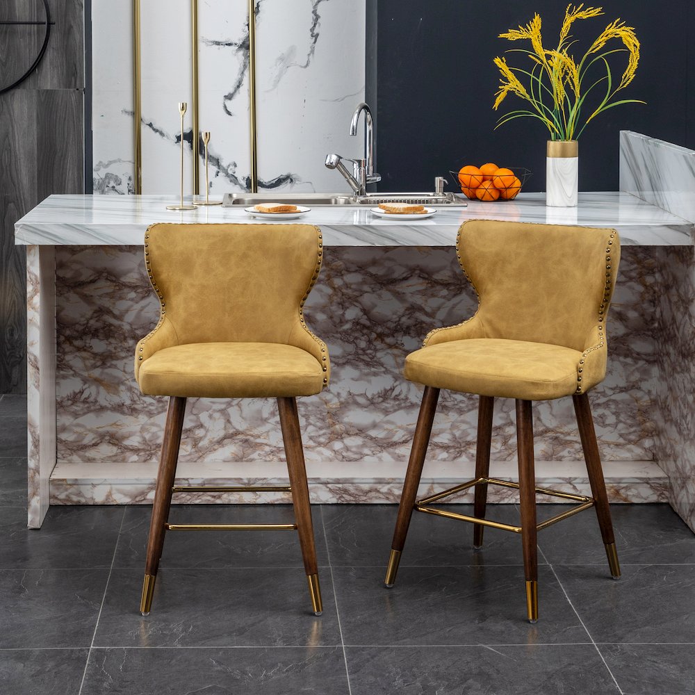 Nevis Modern Faux Leather Tufted Nailhead Trim Counter Stool Set of 2, Yellow. Picture 3