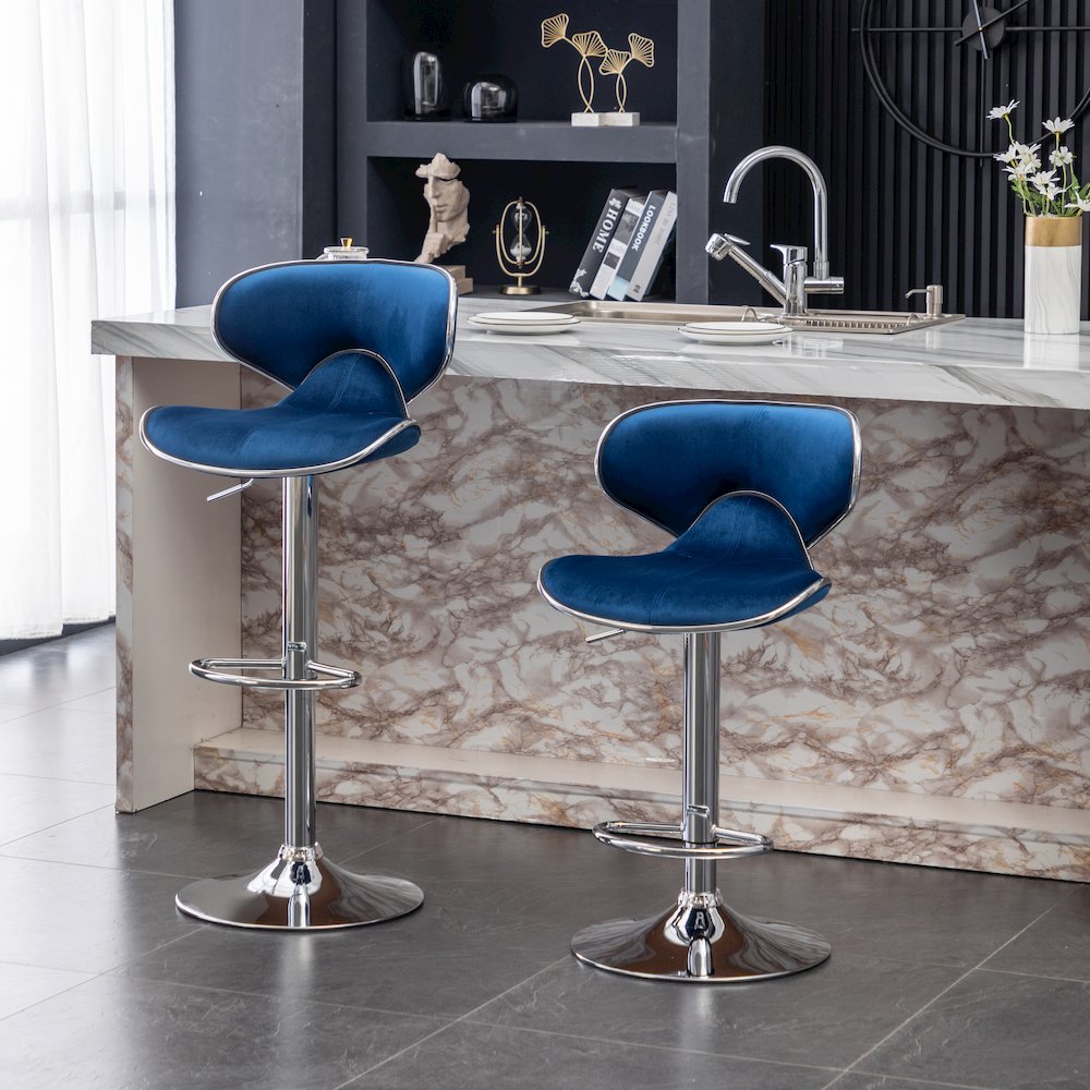 Masaccio Velvet Upholstered Adjustable Swivel Barstool, Set of 2, Blue. Picture 3