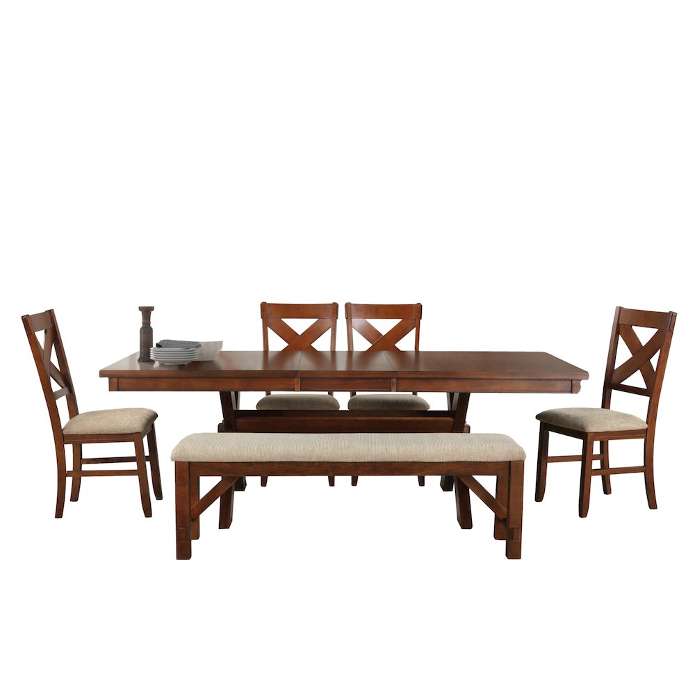 6-Piece Dining Set, Extendable Trestle Dining Table, 4 Chairs, Bench. Picture 1