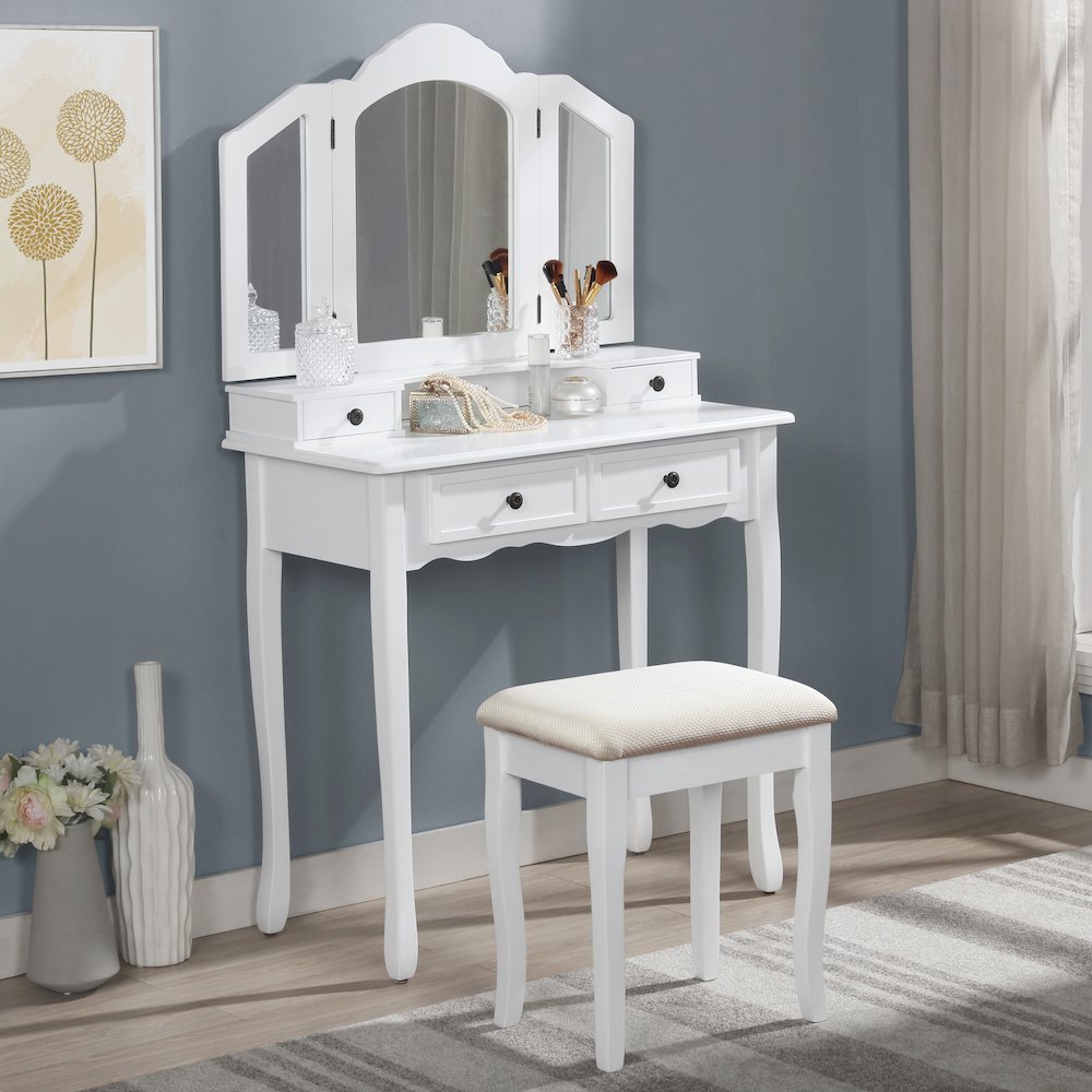 Sanlo White Finish Wood Vanity, Makeup Table and Stool Set. Picture 4