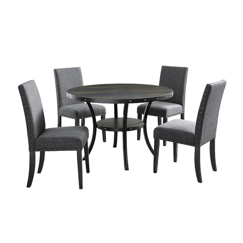 Biony Espresso Wood Dining Set with Gray Fabric Nailhead Chairs, 5-Pc. Picture 1