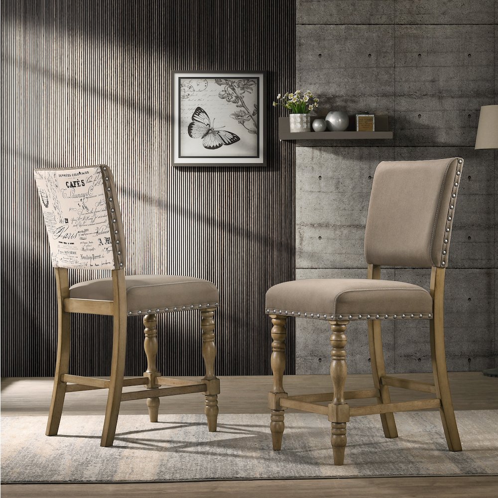 Birmingham Script Printed Driftwood Finish Counter Height Dining Chair, Set of 2. Picture 2
