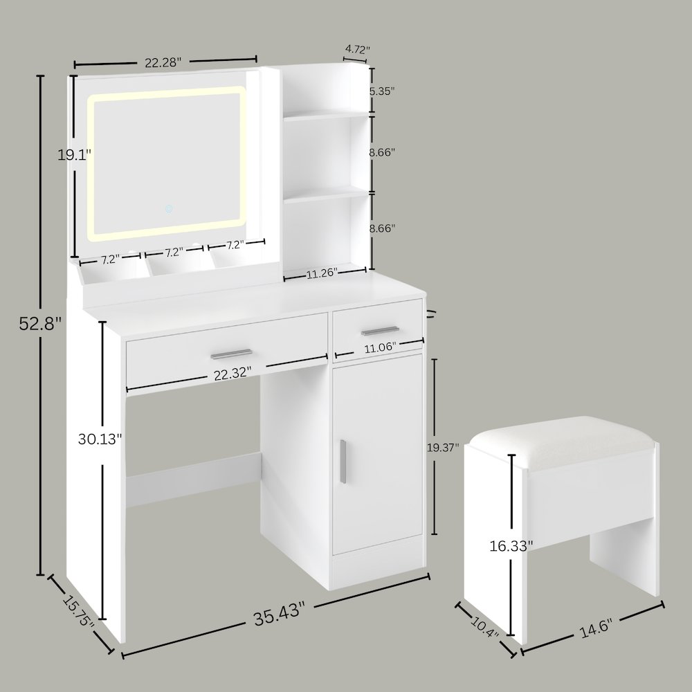 Makeup Vanity Set, Vanity Desk with Stool, LED Light Mirror, White. Picture 14