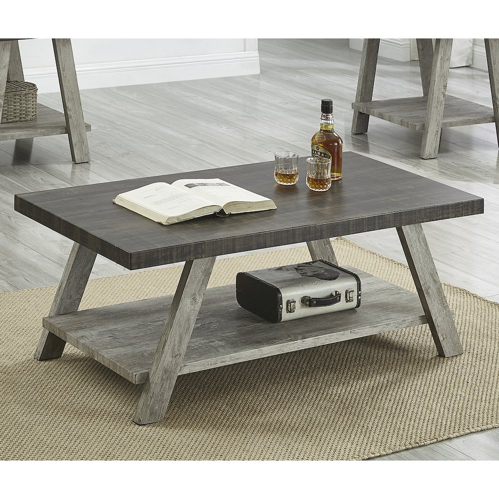 Athens Contemporary 3Pc Wood Shelf Coffee Table Set in Weathered Walnut and Gray. Picture 5