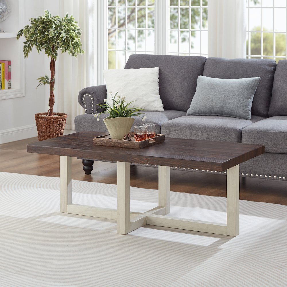 Luno 3-Piece Coffee Table Set, Coffee Table and Two End Tables, Walnut and White. Picture 4