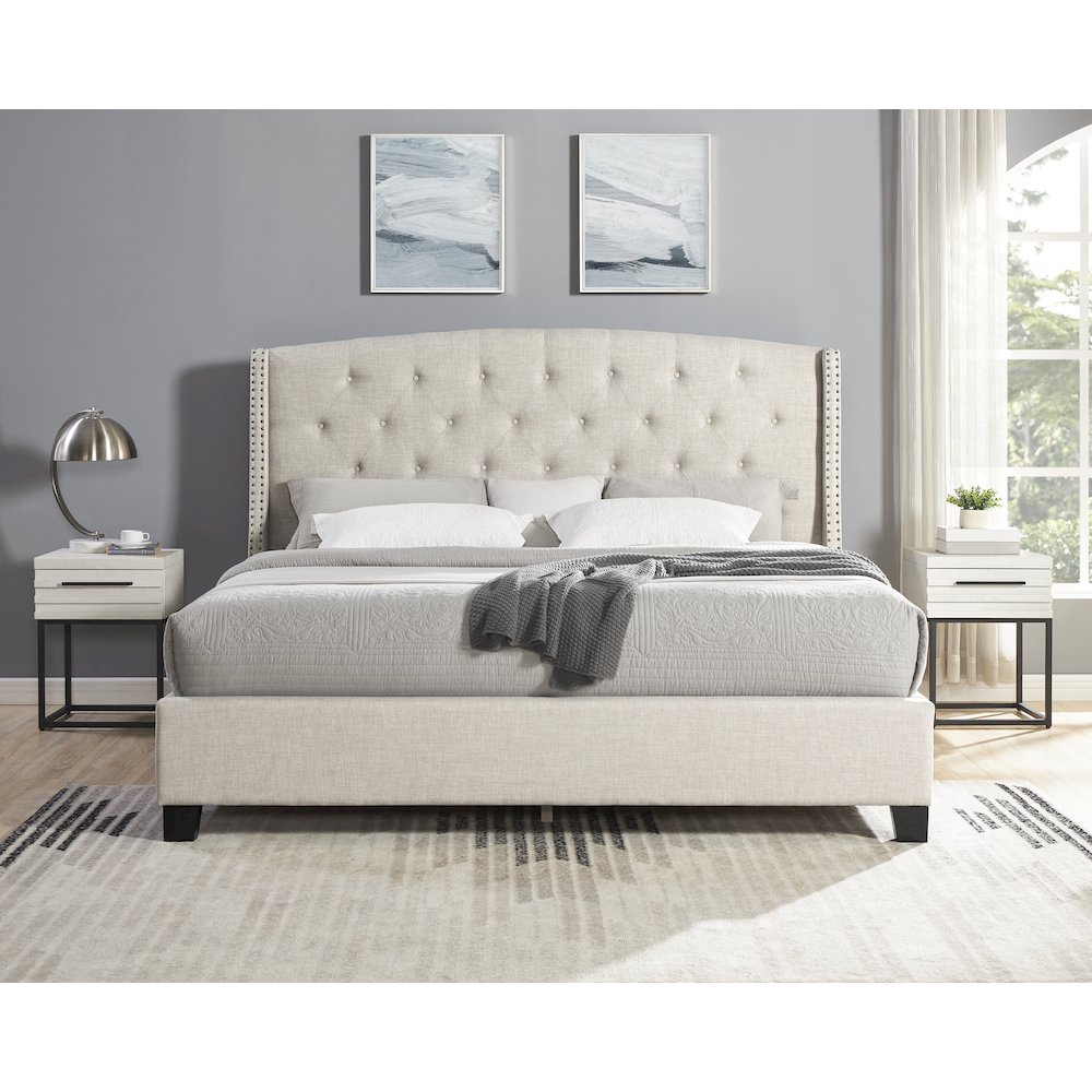 3-Piece Upholstered Bedroom Set, Tufted Wingback Bed, 2White Nightstands, Queen. Picture 2