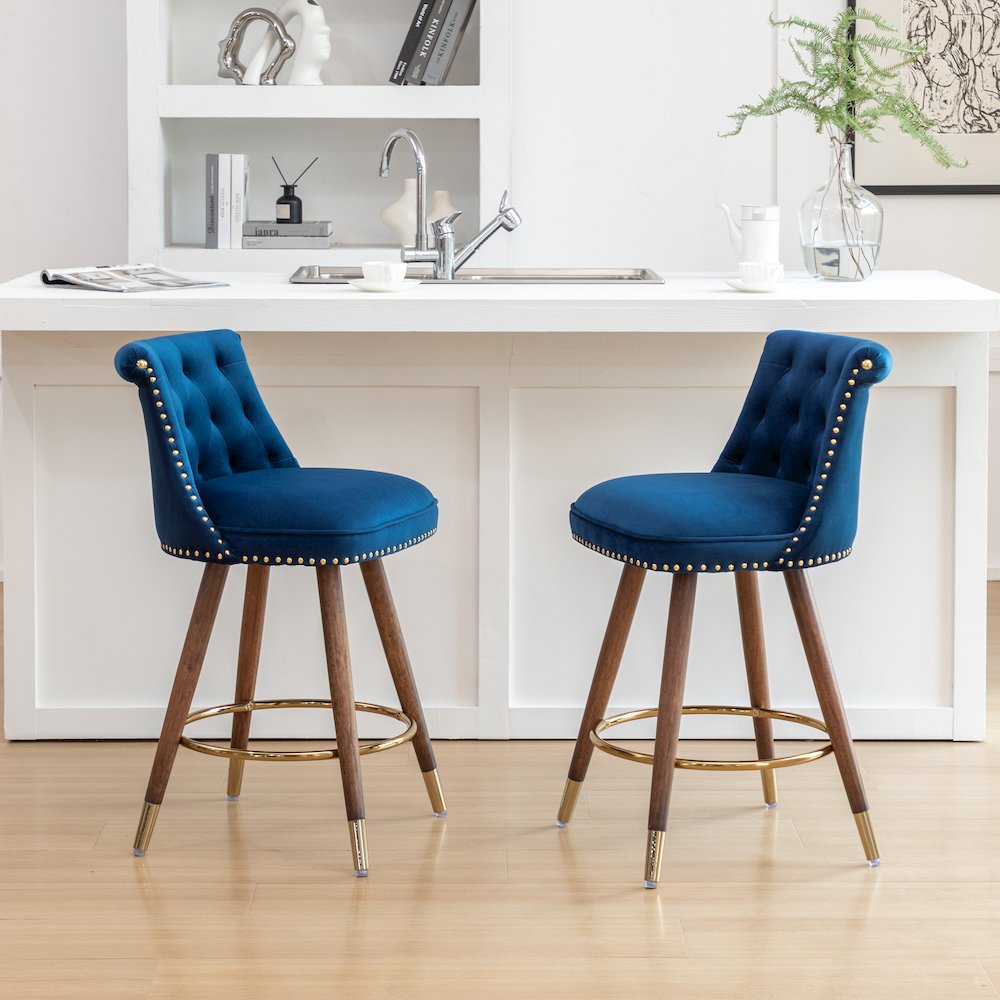 Elvara Set of 2 Button-Tufted Counter Stools with Nailhead Trim - Blue. Picture 3