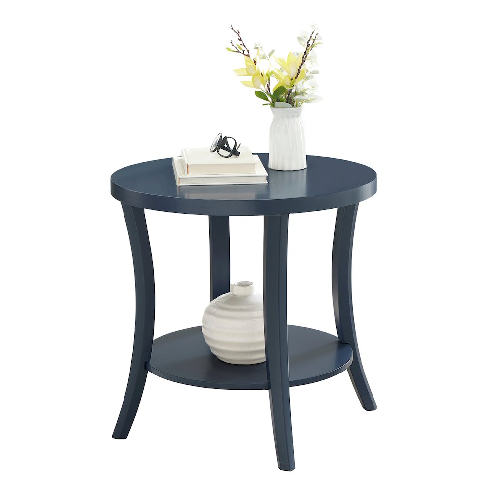 Perth Round End Table with Shelf, Navy Blue. Picture 1