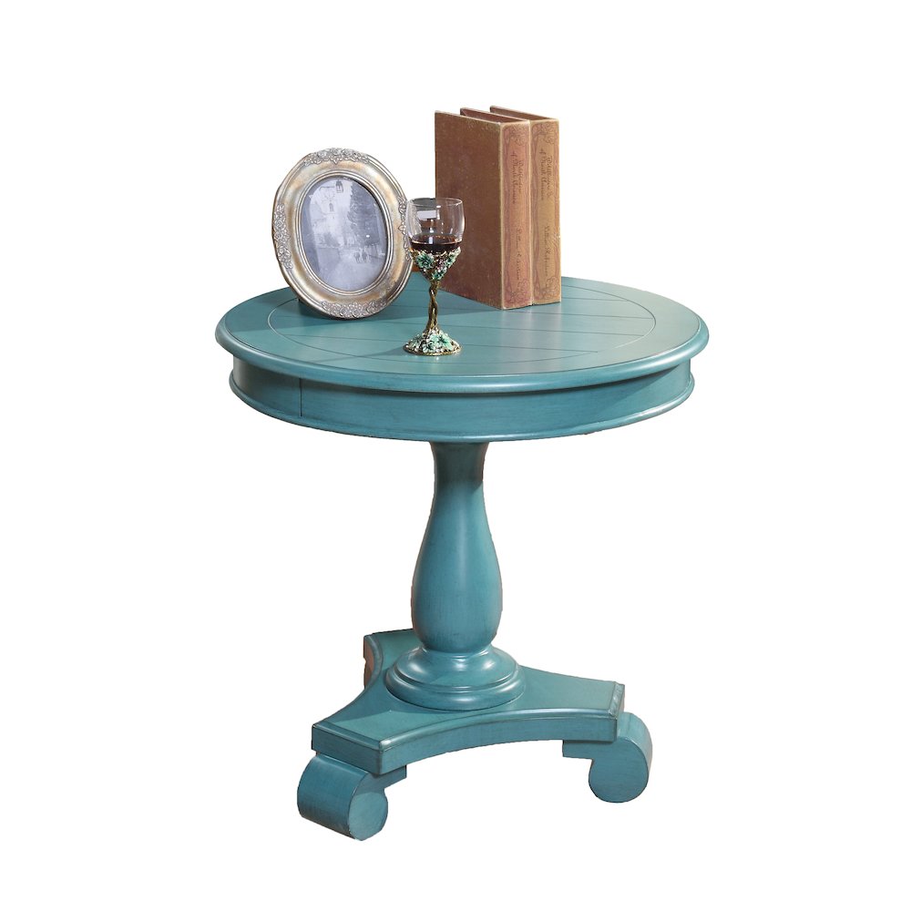 Rene Round Wood Pedestal Side Table, Teal. Picture 1