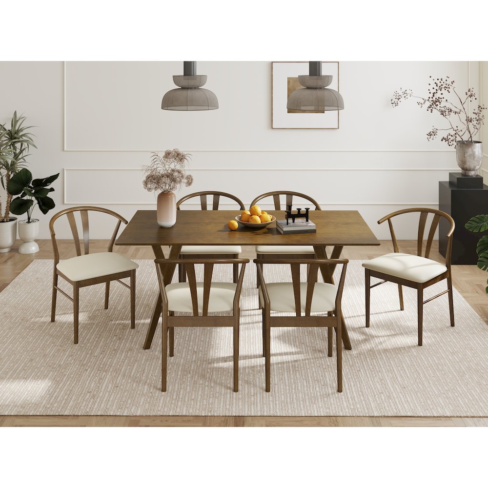 7-Piece Dining Set, Walnut Finished Dining Table with 6 Brown Wishbone Chairs. Picture 3