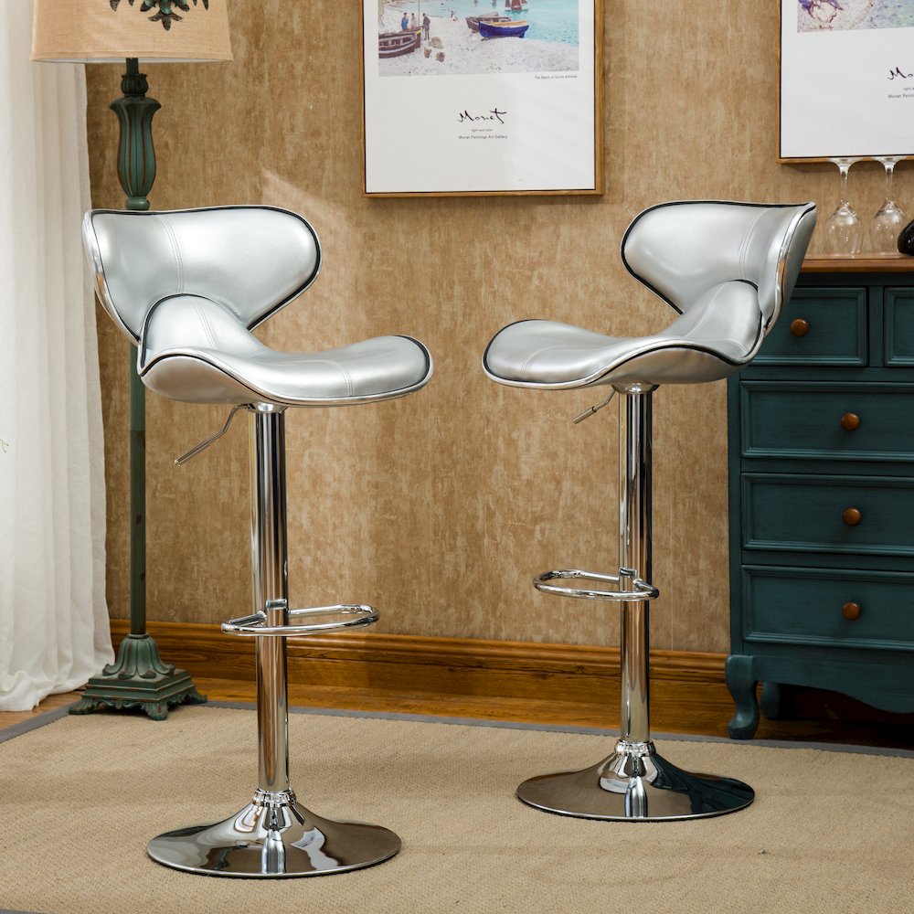 Masaccio Silver Leatherette Adjustable Swivel Barstool Chrome Base, Set of 2. Picture 5