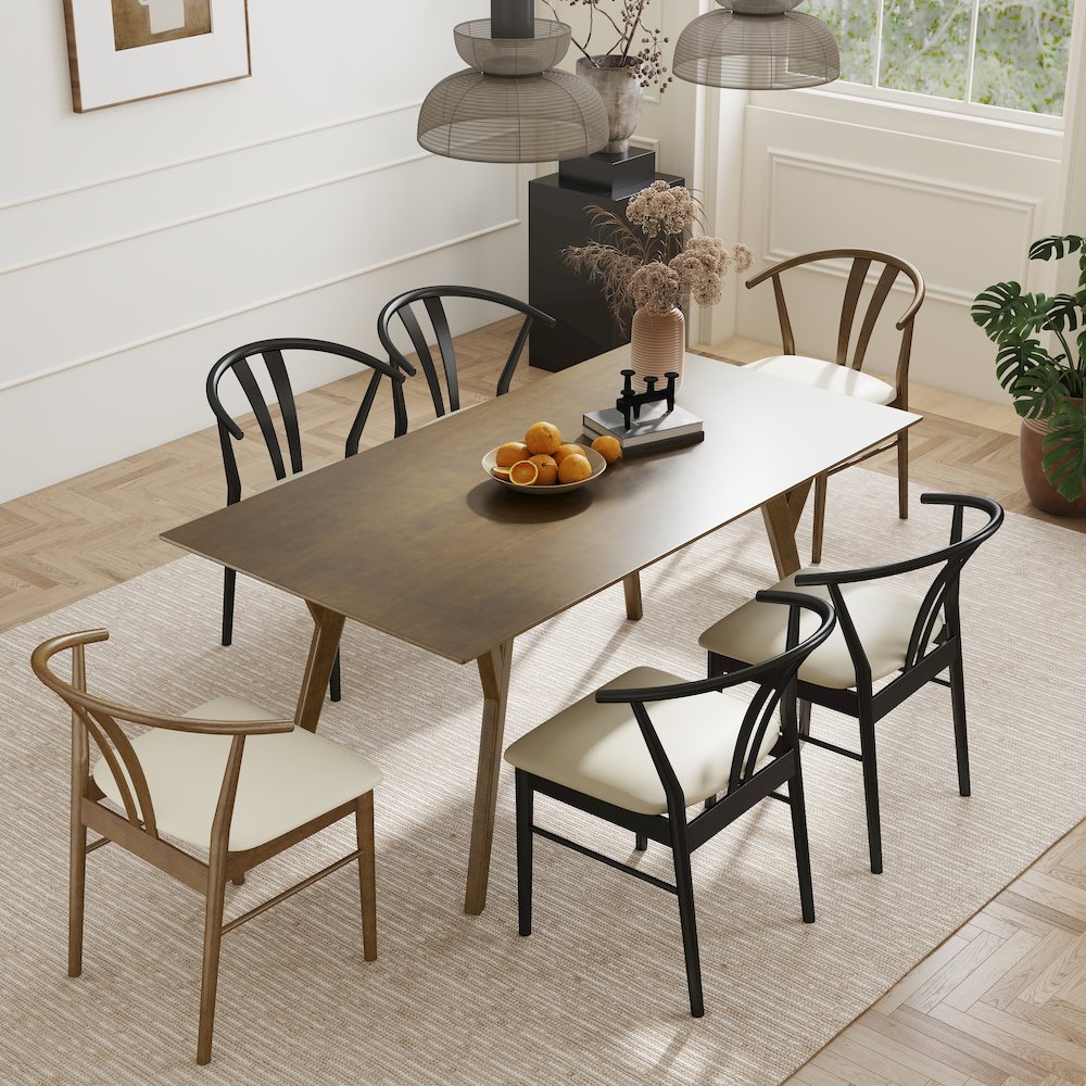 7-Piece Dining Set, Wood Dining Table with 2 Walnut and 4 Black Wishbone Chairs. Picture 4