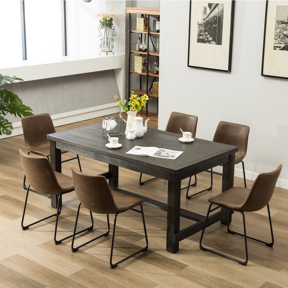 7-Piece Antique Black Finish Wood Dining Table, 6 Brown Faux Leather Chairs Set. Picture 3