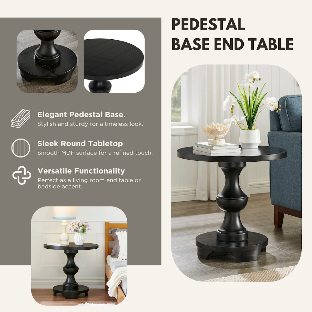 Caesar Traditional Round Pedestal End Table, Black. Picture 4