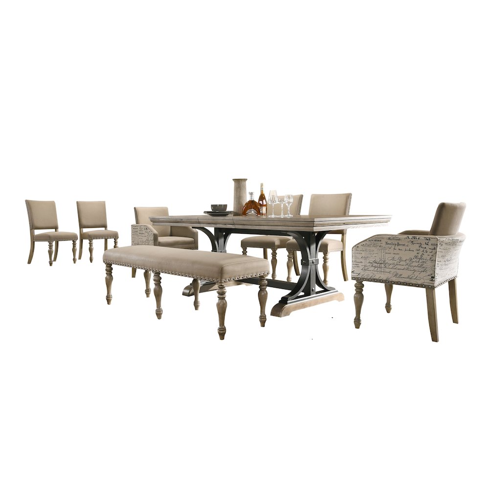 8-Piece Extendable Table with Nailhead Bench and Armchairs Dining Set, Driftwood. Picture 1