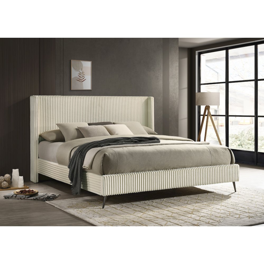 Mavela Wide Wale Corduroy Upholstery Panel King Bed with 2 Nightstands and Bench. Picture 4