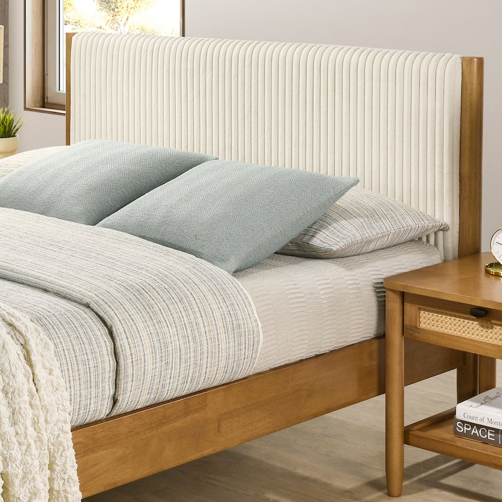 Vichy Queen Platform Bed with Corduroy Upholstery,Light Walnut Rubberwood Frame. Picture 5