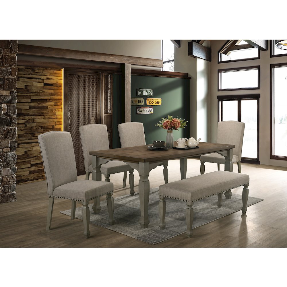 Breda Antique Gray and Dark Oak Finished Wood Dining Set, Table, Bench, Chairs. Picture 2