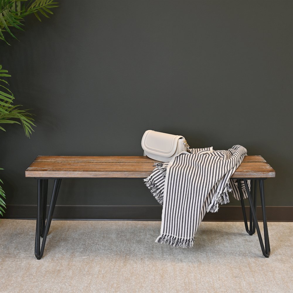 Aryven Industrial Wood Dining Bench, Rustic Dark Pine Finish. Picture 4