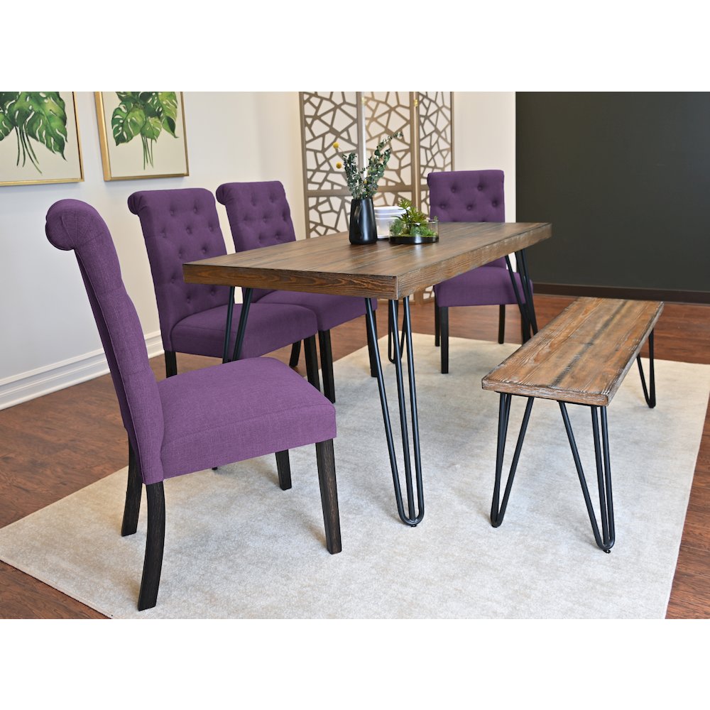 Ashford 6-Pc Dining Set, Hairpin Dining Table with 4 Chairs and Bench, Purple. Picture 3