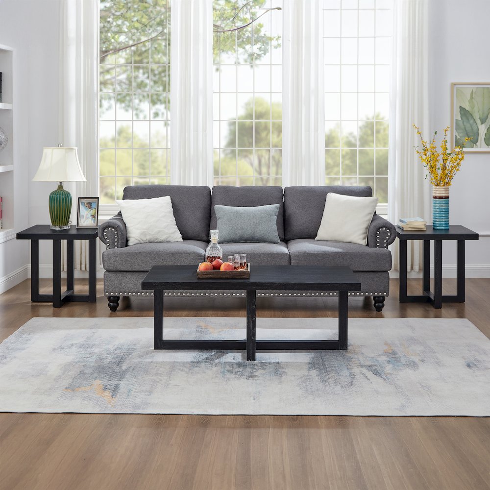 Luno 3-Piece Coffee Table Set, Coffee Table and Two End Tables, Black. Picture 3