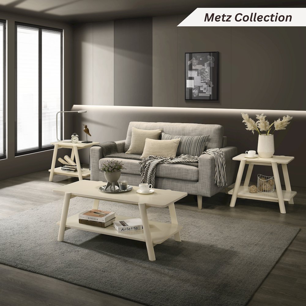 Metz Mid-Century Modern Wood Shelf Coffee Table, Off-White Finish. Picture 6